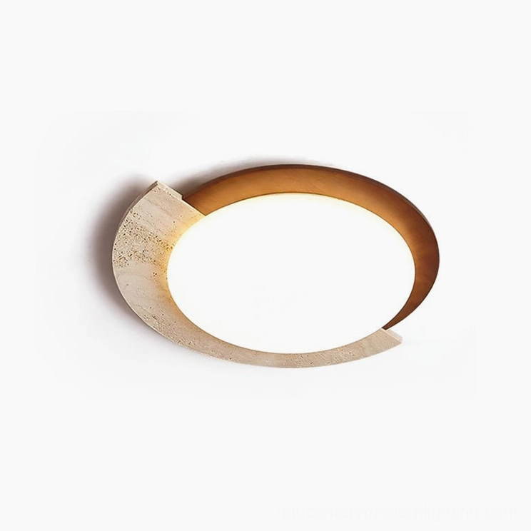 Overhead product photography of travertine ceiling lamp showing complete asymmetrical design and material composition