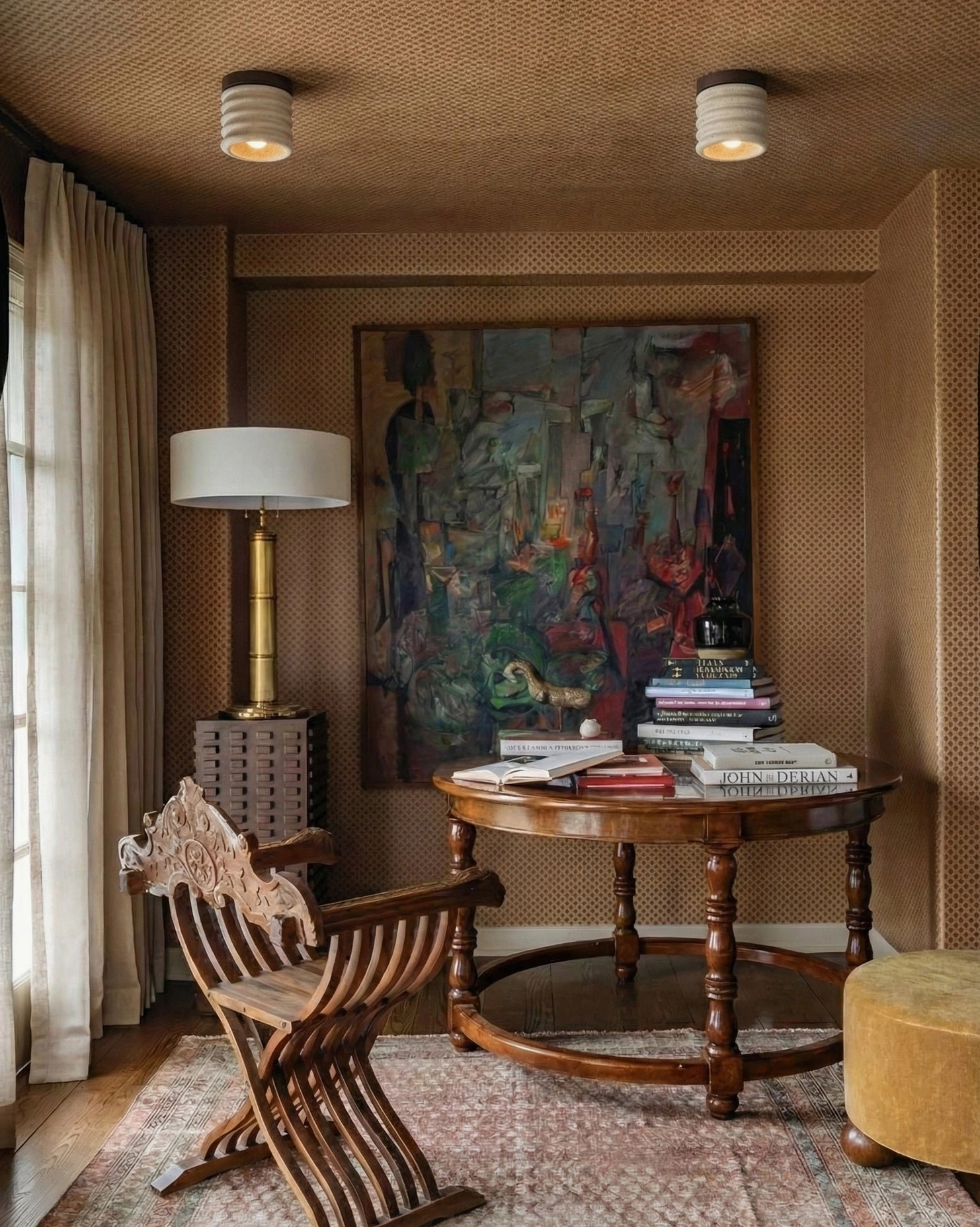 Multiple travertine ceiling lamps in vintage residential lounge area, earthy luxury home decor