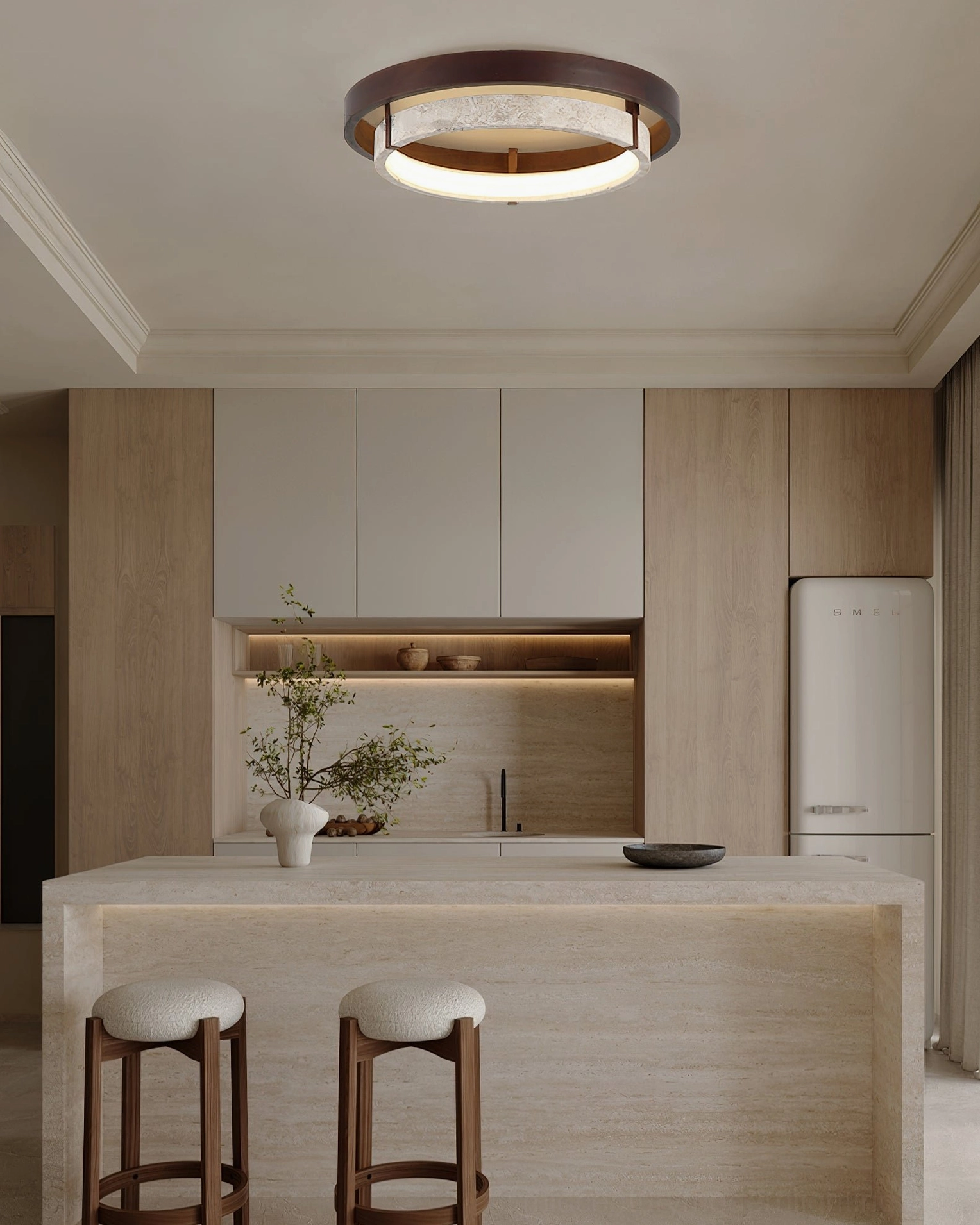 Menine flush mount ceiling light installed in modern kitchen dining area with warm neutral wood tones
