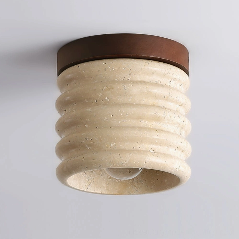 Travertine ceiling lamp close perspective, natural stone material authentic texture