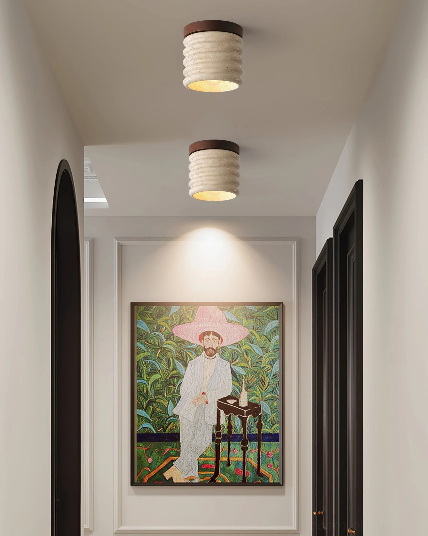 Travertine ceiling lamp installed in contemporary home, ribbed stone surface detail
