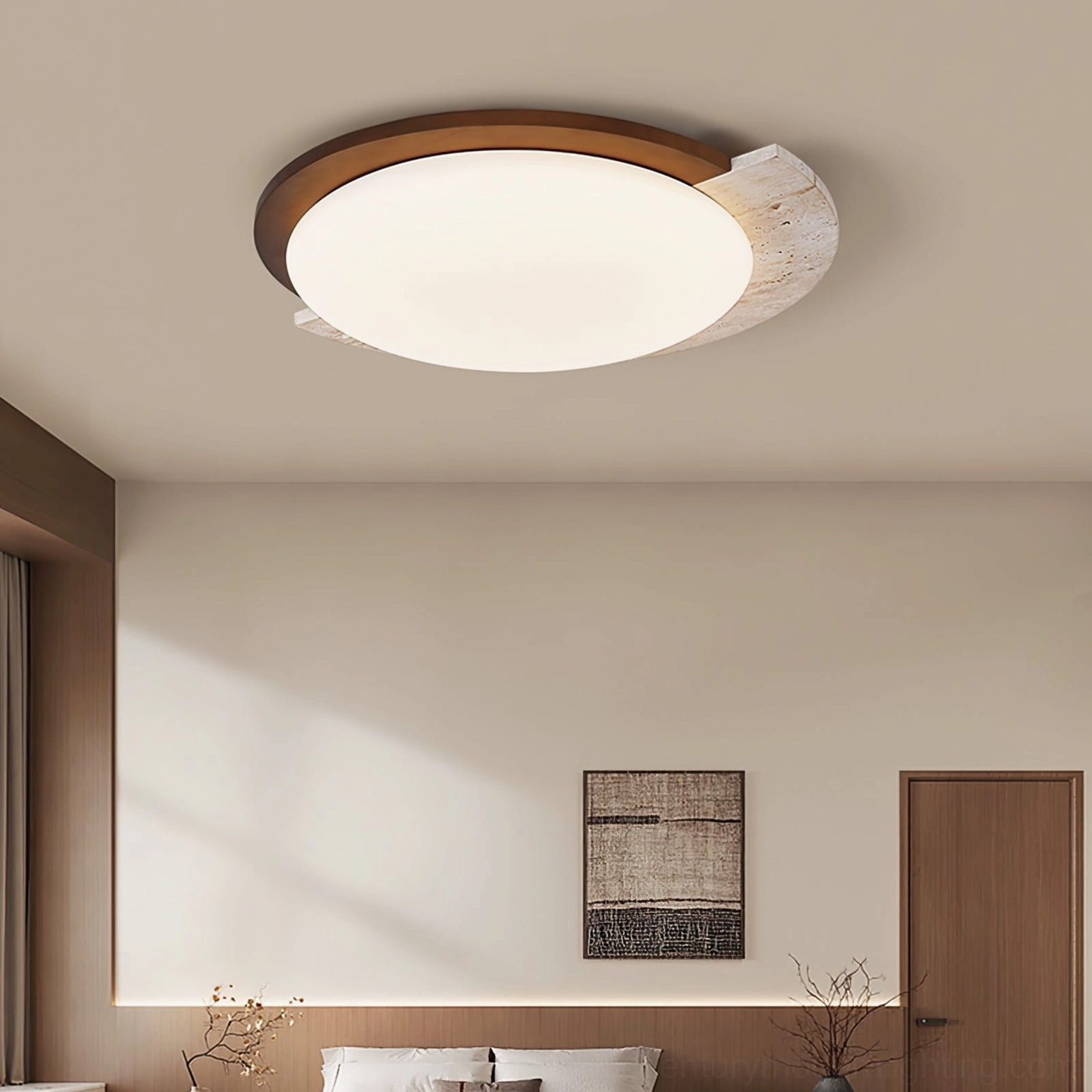Travertine ceiling lamp in warm neutral master bedroom with wood headboard and decorative plants