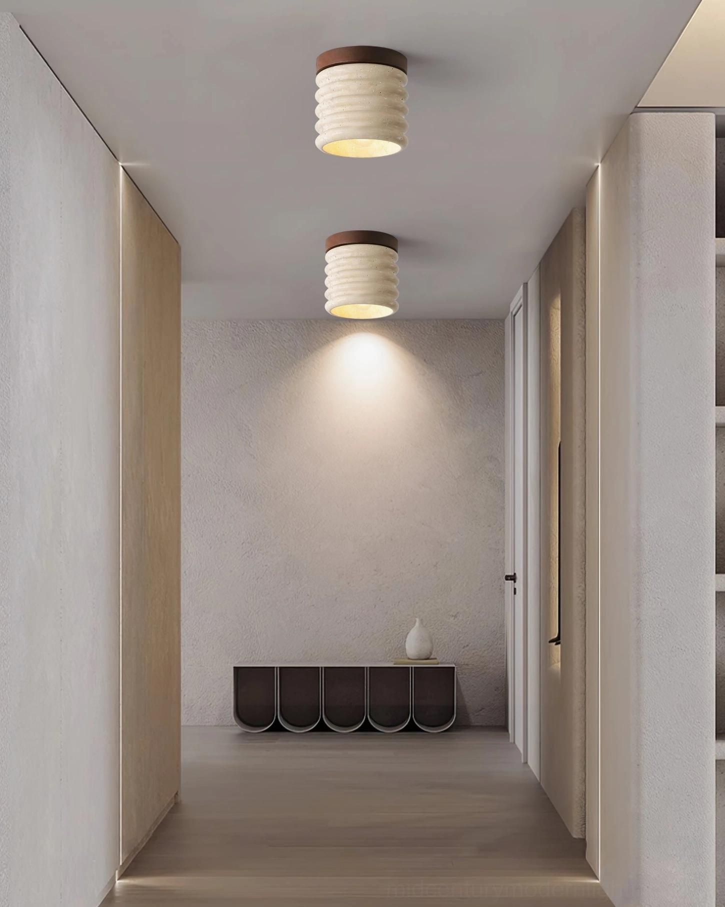 Travertine ceiling lamp positioned in mid-century modern interior, vintage-inspired lighting