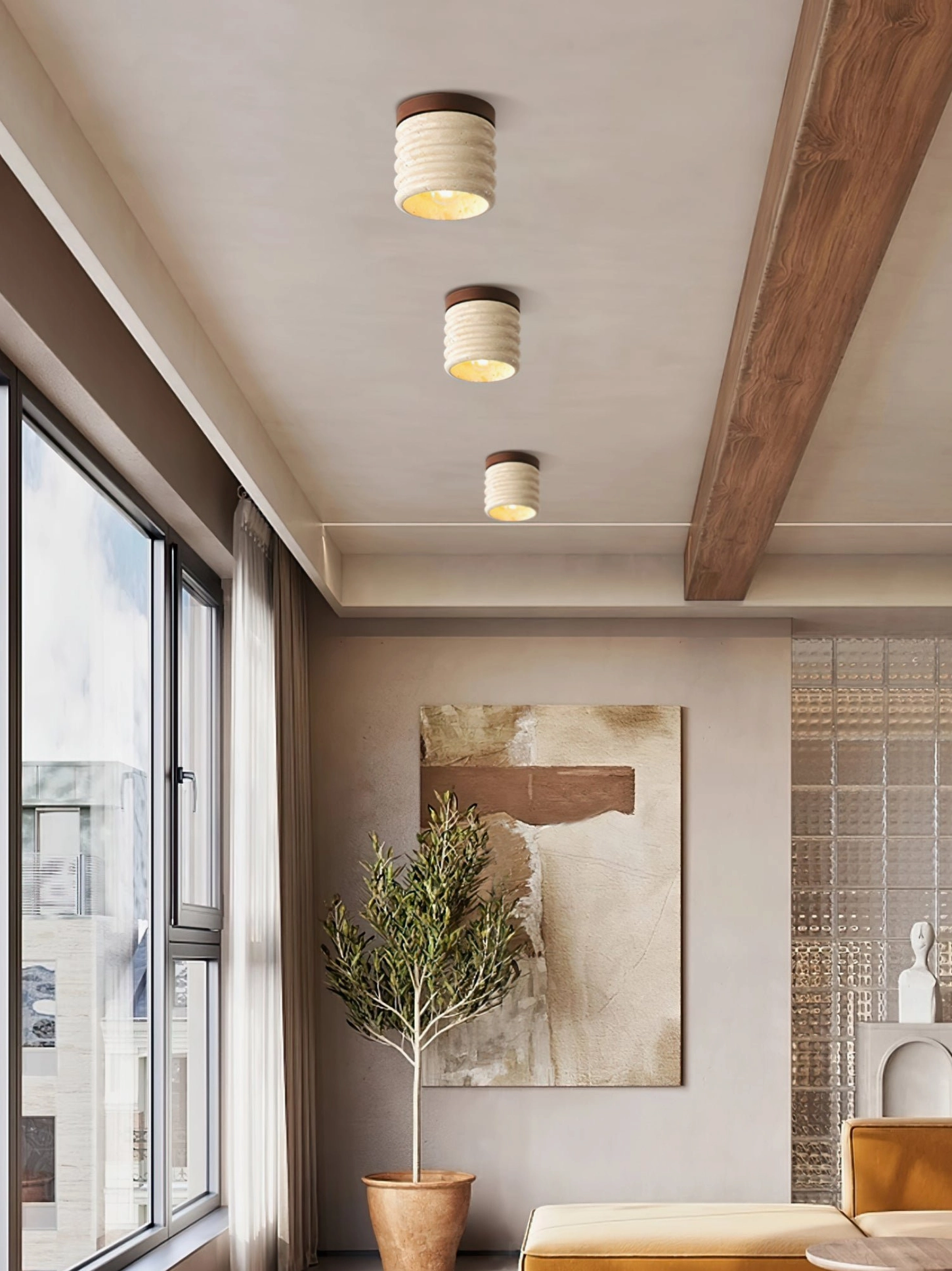 Travertine ceiling lamp in modern interior setting, warm diffused natural stone lighting