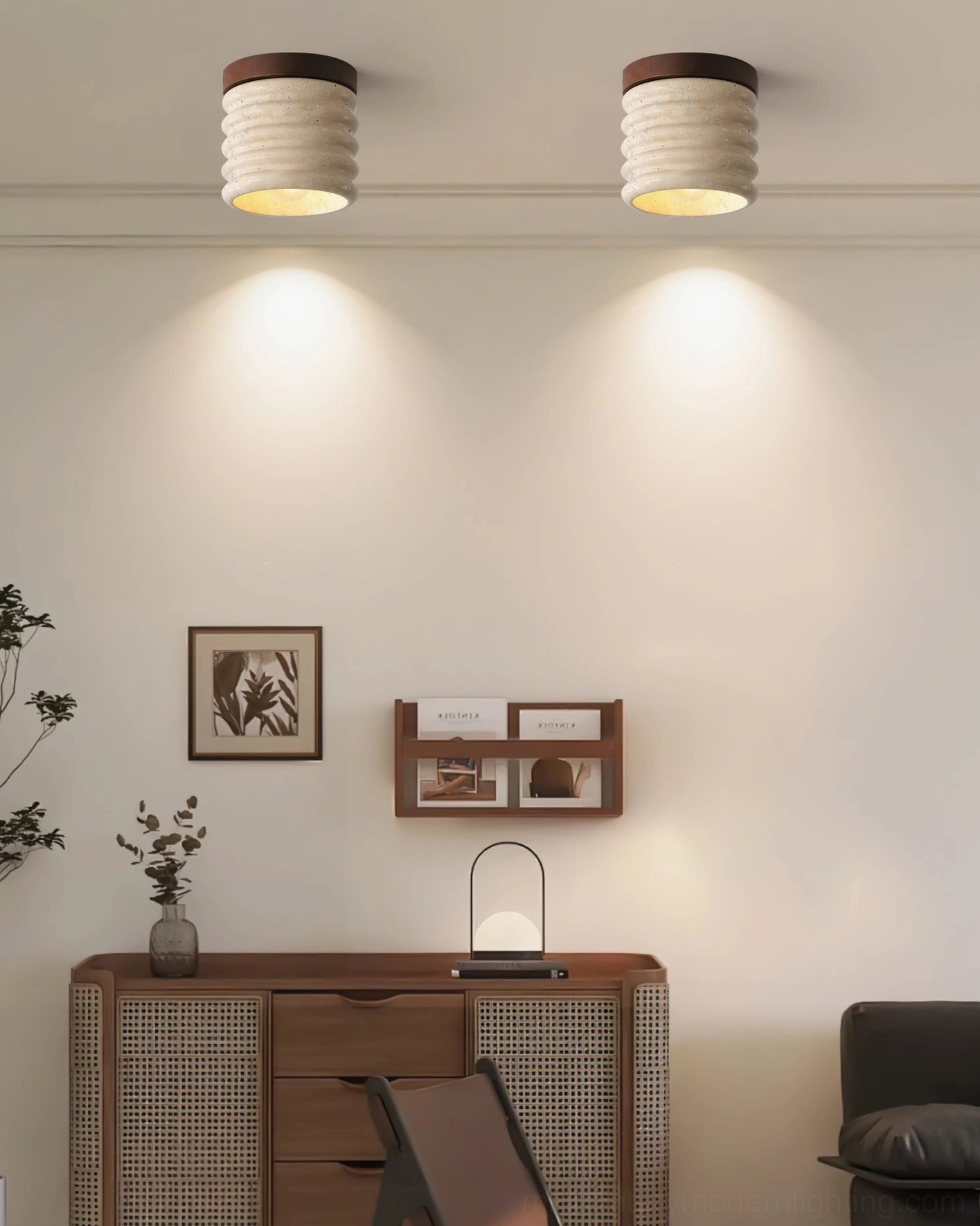 Travertine ceiling lamp overhead mounted view, sculptural natural stone light fixture