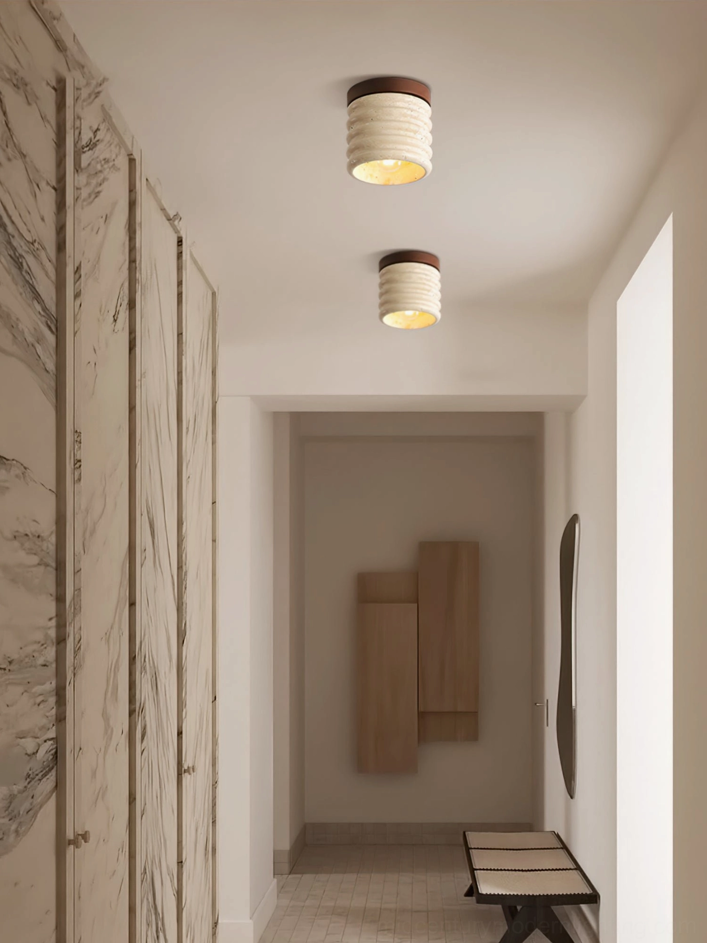 Travertine ceiling lamp in minimalist Scandinavian home decor, understated material beauty