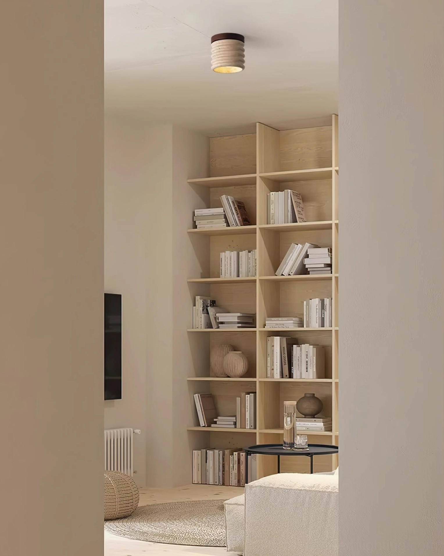 Travertine ceiling lamp with walnut-tone base, natural stone warm glow illumination