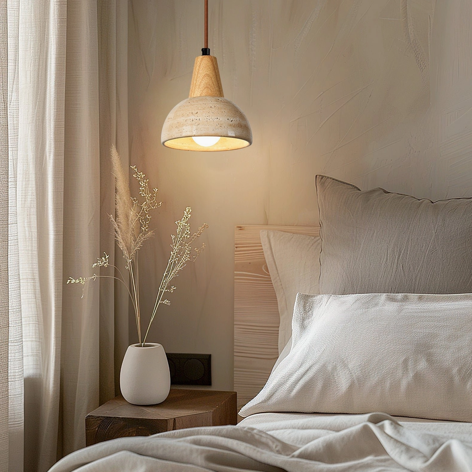 Single travertine pendant light hanging in warm bedroom interior with Japandi rustic styling and beige neutral palette