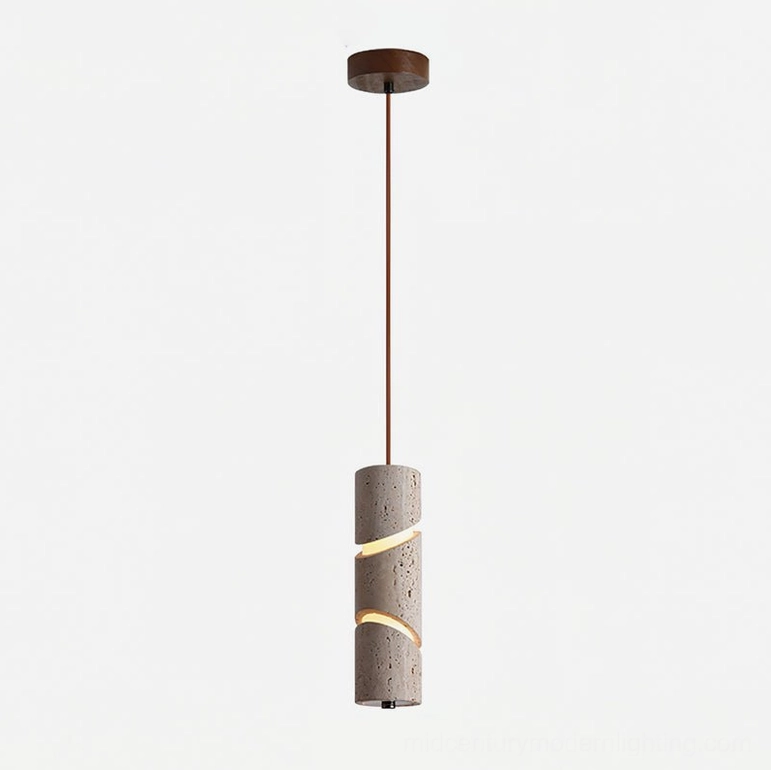 Travertine pendant lamp with spiral cutouts in beige and walnut finish, studio product photography