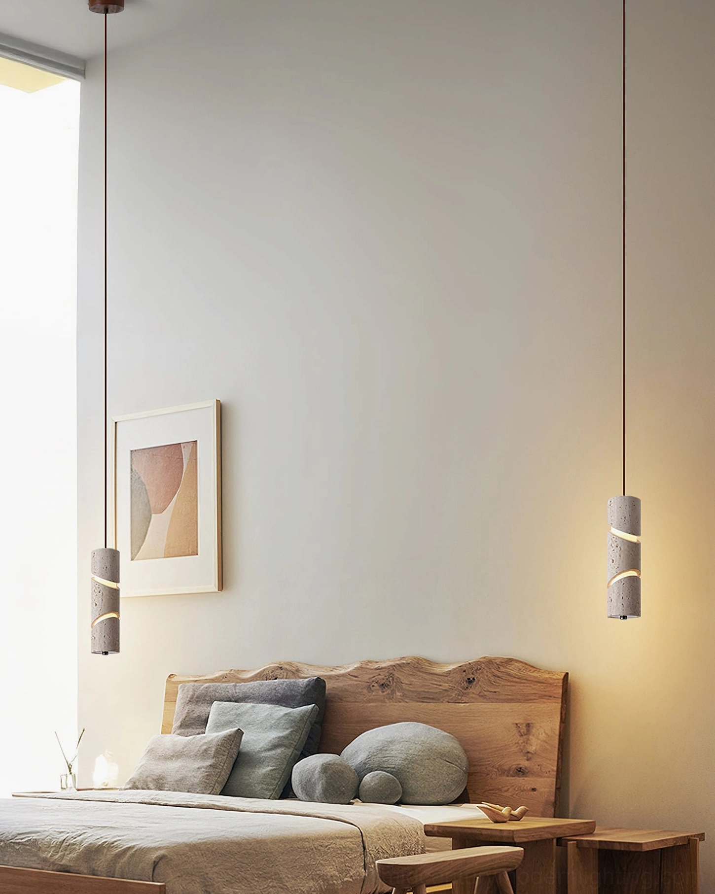 Travertine pendant lamp in neutral tone bedroom, demonstrating warm light diffusion and wabi-sabi aesthetic