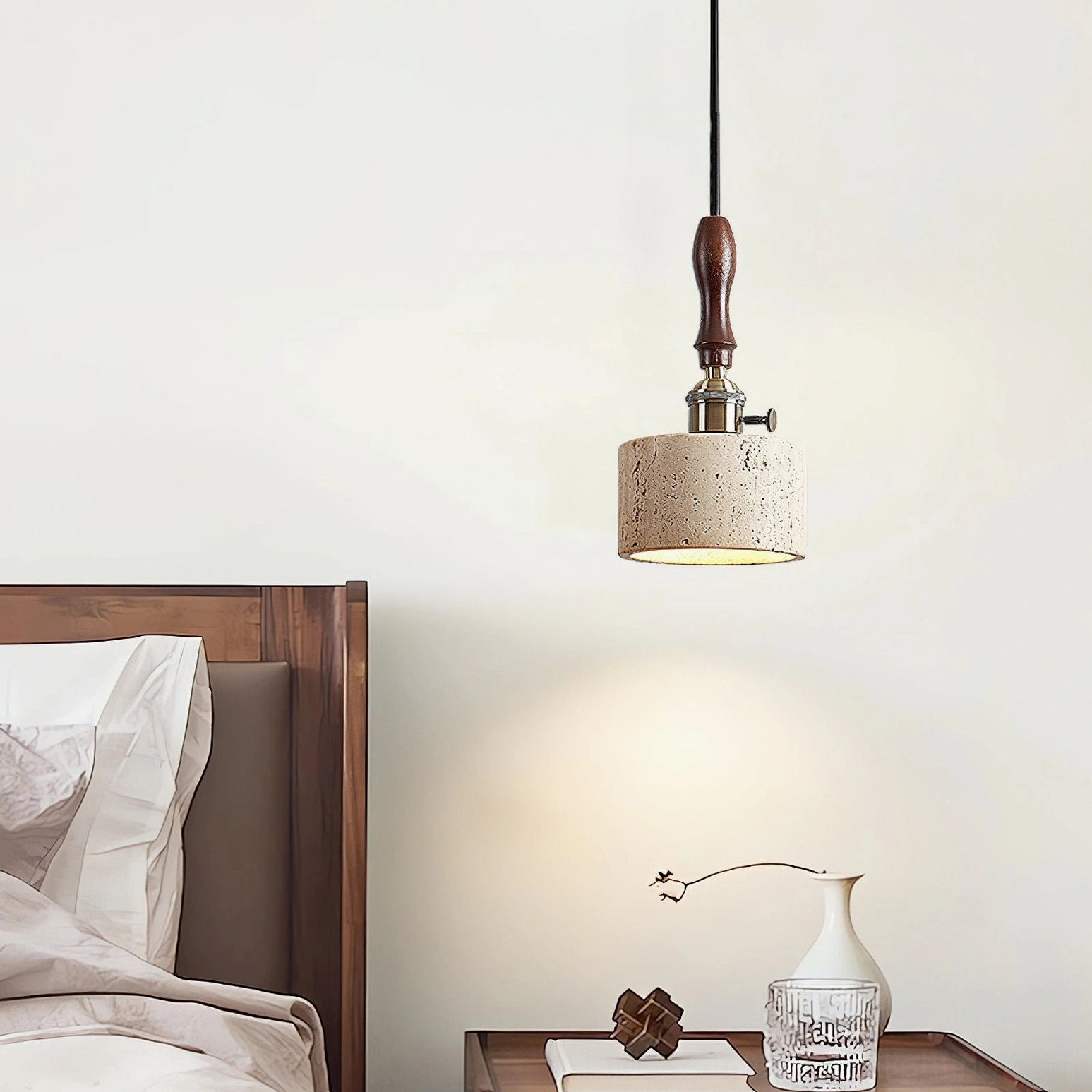 Travertine pendant light installed in minimalist bedroom bedside area with warm neutral rustic decor