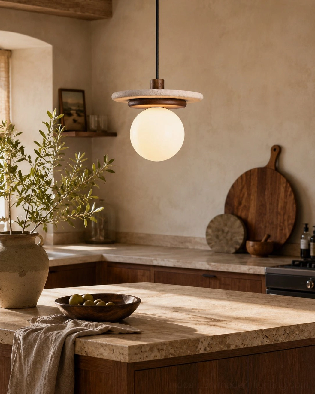 Travertine pendant light with layered stone and wood design suspended above round wooden dining table in wabi-sabi style dining room