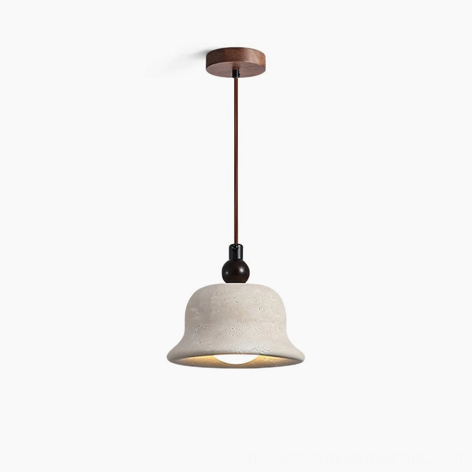 Travertine bell pendant light with walnut wood mount front view studio shot