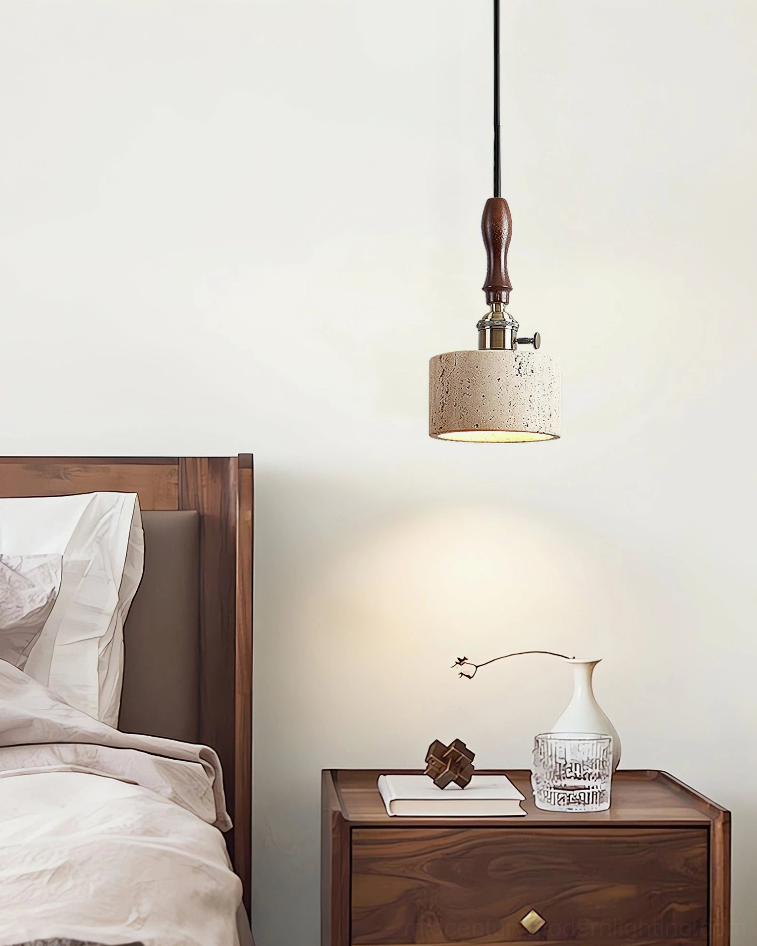 Travertine pendant light mounted over wooden nightstand creating cozy warm ambient bedroom lighting