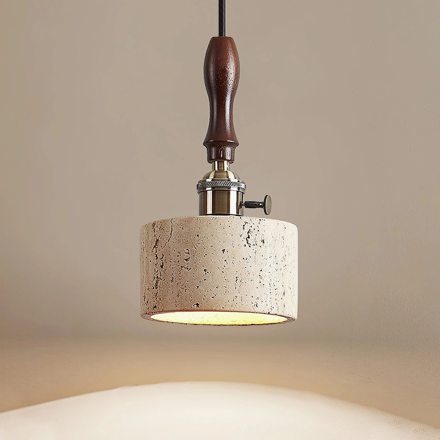 Travertine pendant light studio view displaying natural stone finish and architectural design