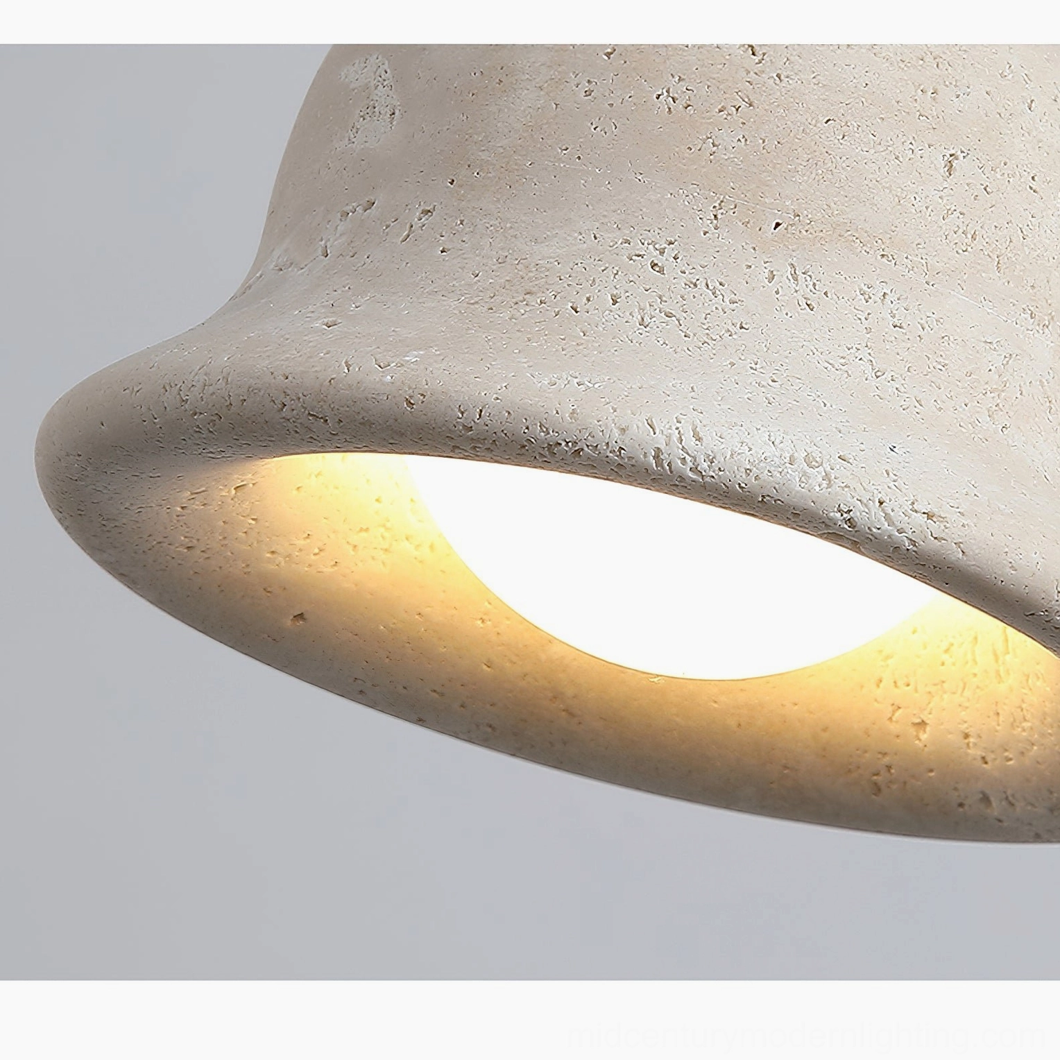 Natural travertine stone bell pendant lamp sculptural form closeup