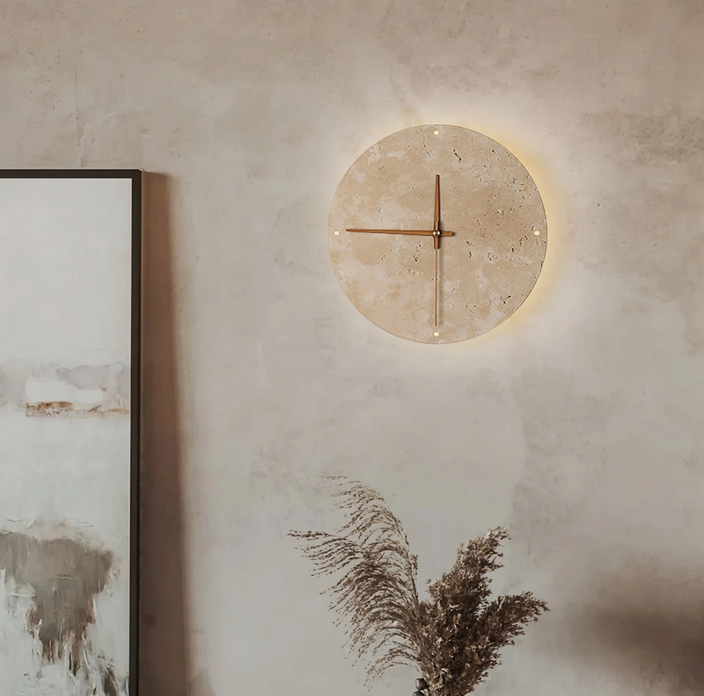 Travertine wall clock lamp displayed in living room with dried florals and wabi-sabi minimalist decor
