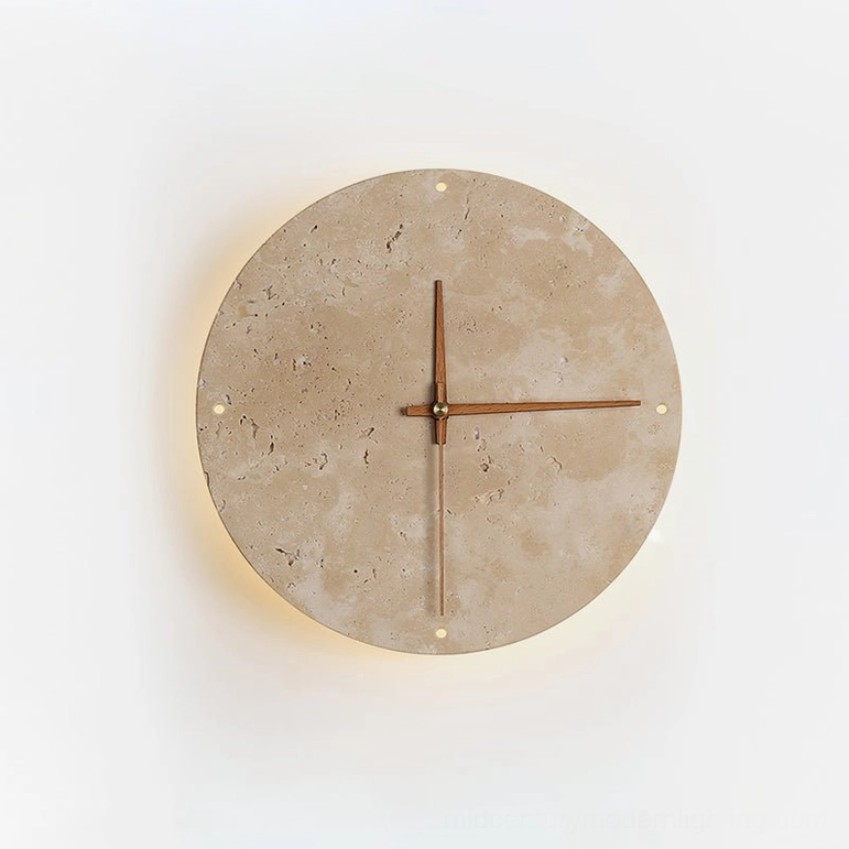 Travertine wall clock lamp front view with warm LED backlight and multiple stone marker details on white