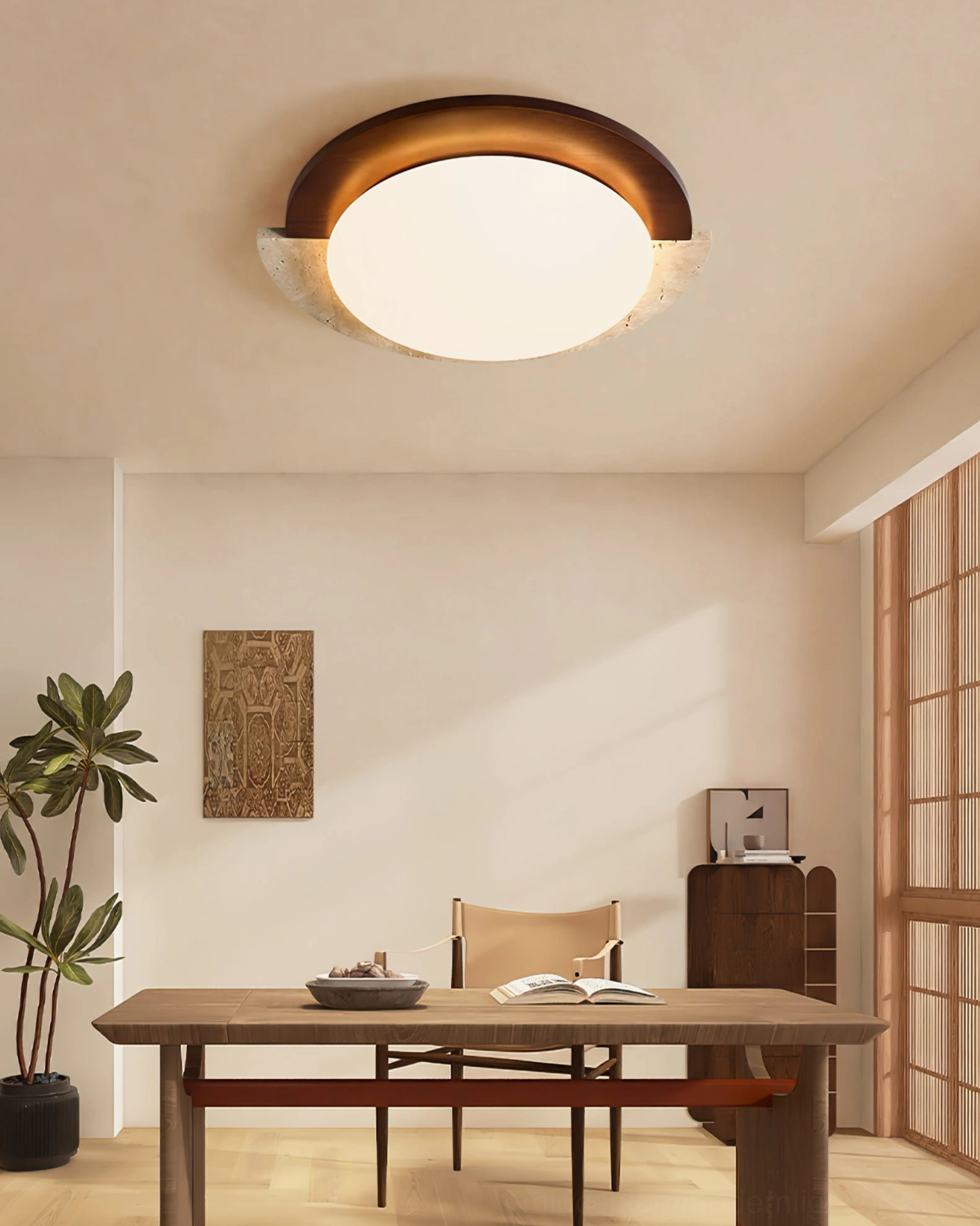 Travertine and walnut ceiling lamp mounted on ceiling showing asymmetrical composition and warm light distribution