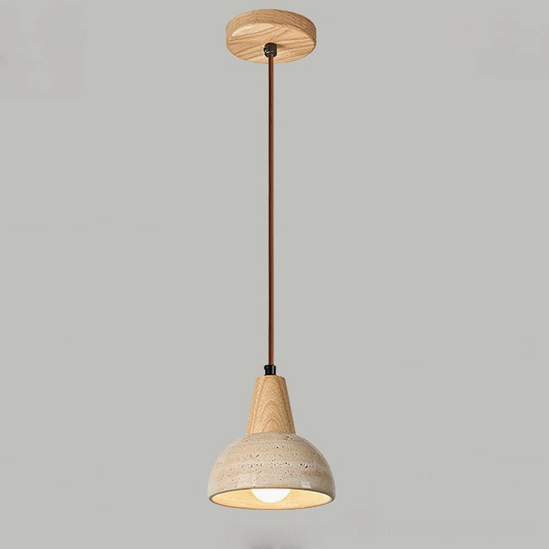Travertine and wood pendant light beige color variant showing complete fixture with suspension wire and canopy
