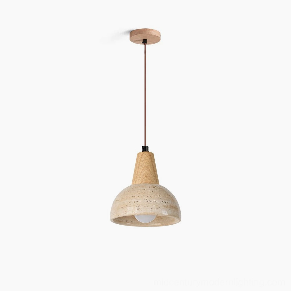 Travertine and wood dome pendant lamp with natural stone texture on white background, minimalist wabi-sabi design