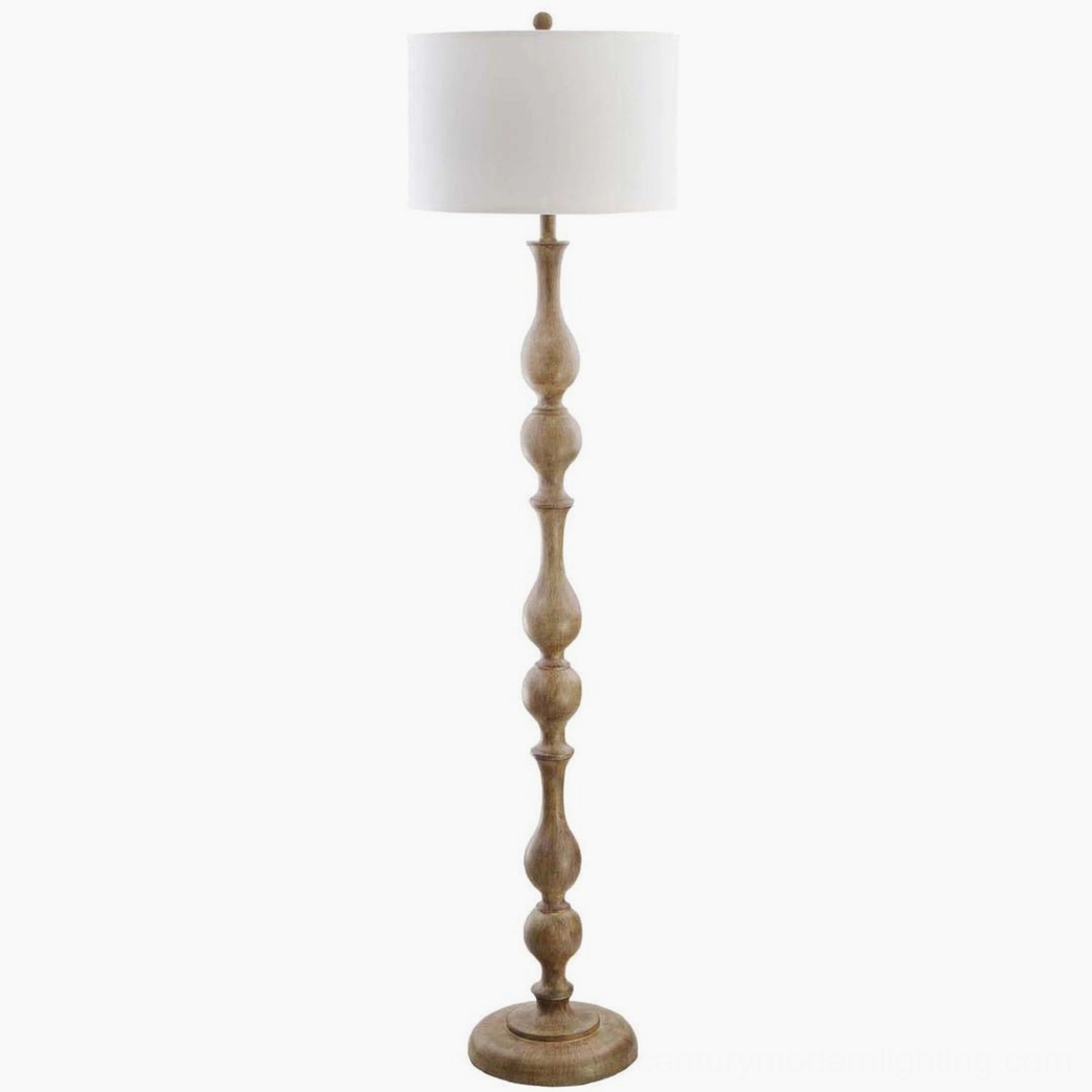 Tremblay floor lamp detail view, studio photography showcasing turned wood base and white fabric diffuser shade