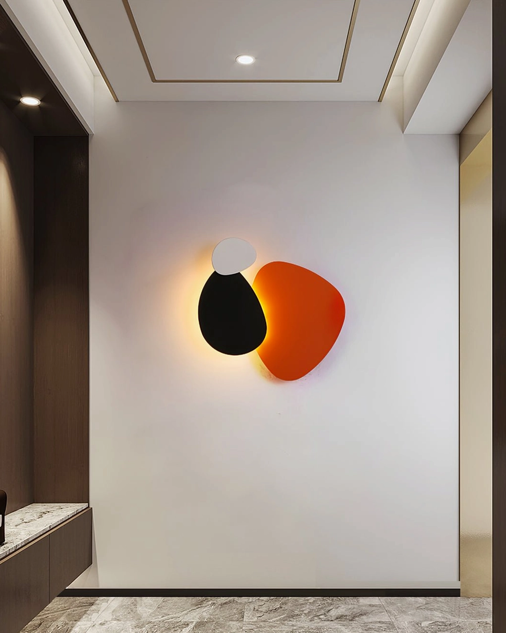 Tria black and orange modular wall lamp in modern entryway corridor with recessed ceiling lights