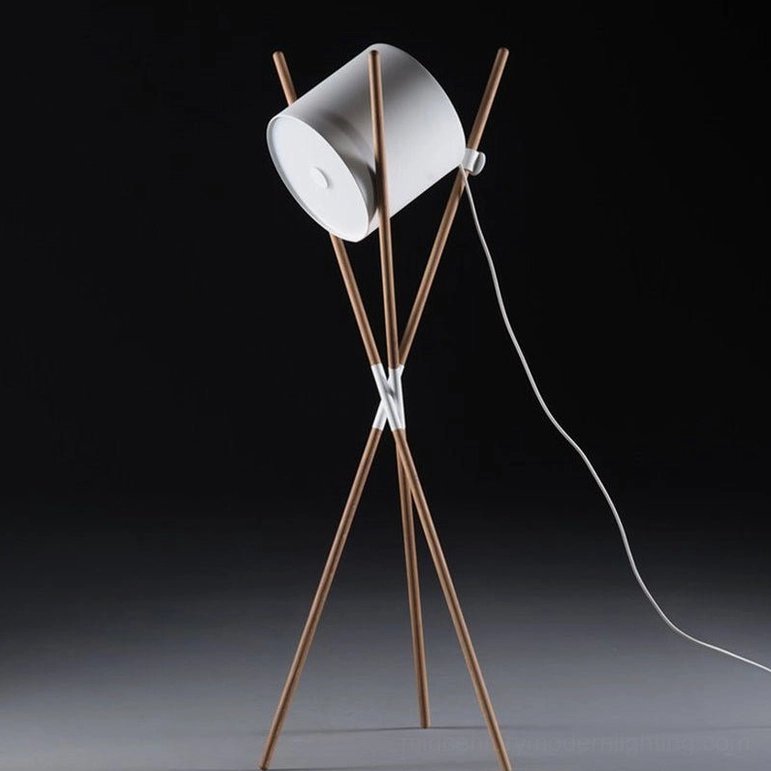 Geometric tripod floor lamp base - precise engineering and wood craftsmanship detail
