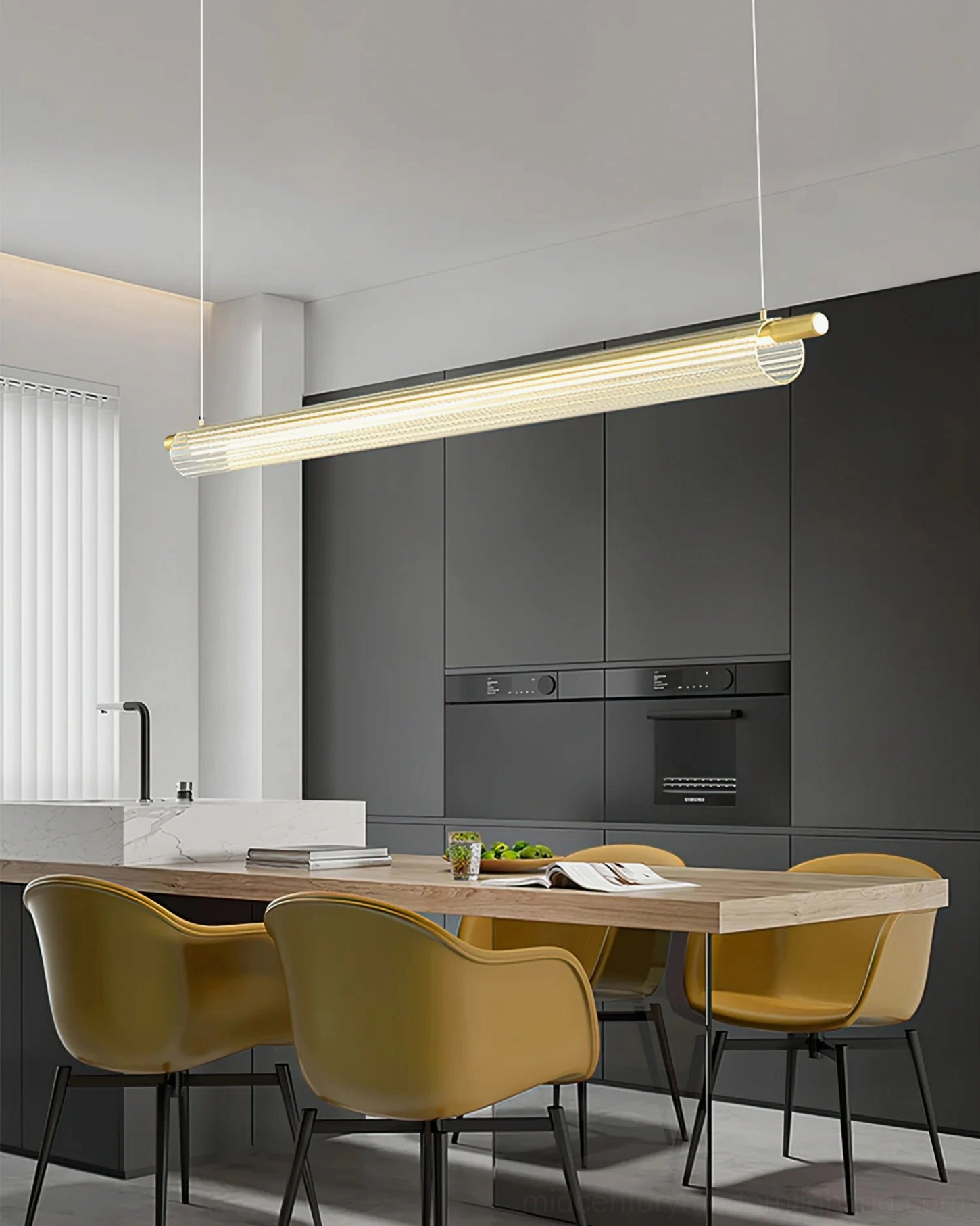 Trisel linear LED pendant light product collection showing all sizes and finishes, gold and black options with remote dimmer control