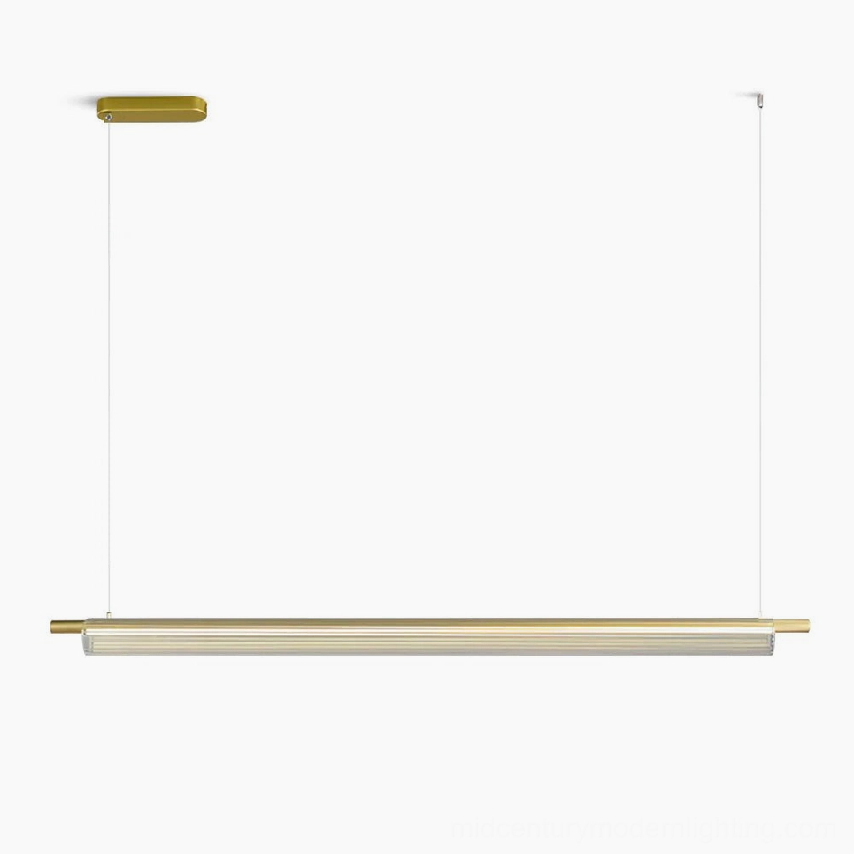 Trisel linear LED pendant light in brushed gold finish, minimalist design with ribbed glass diffuser, front view on white background