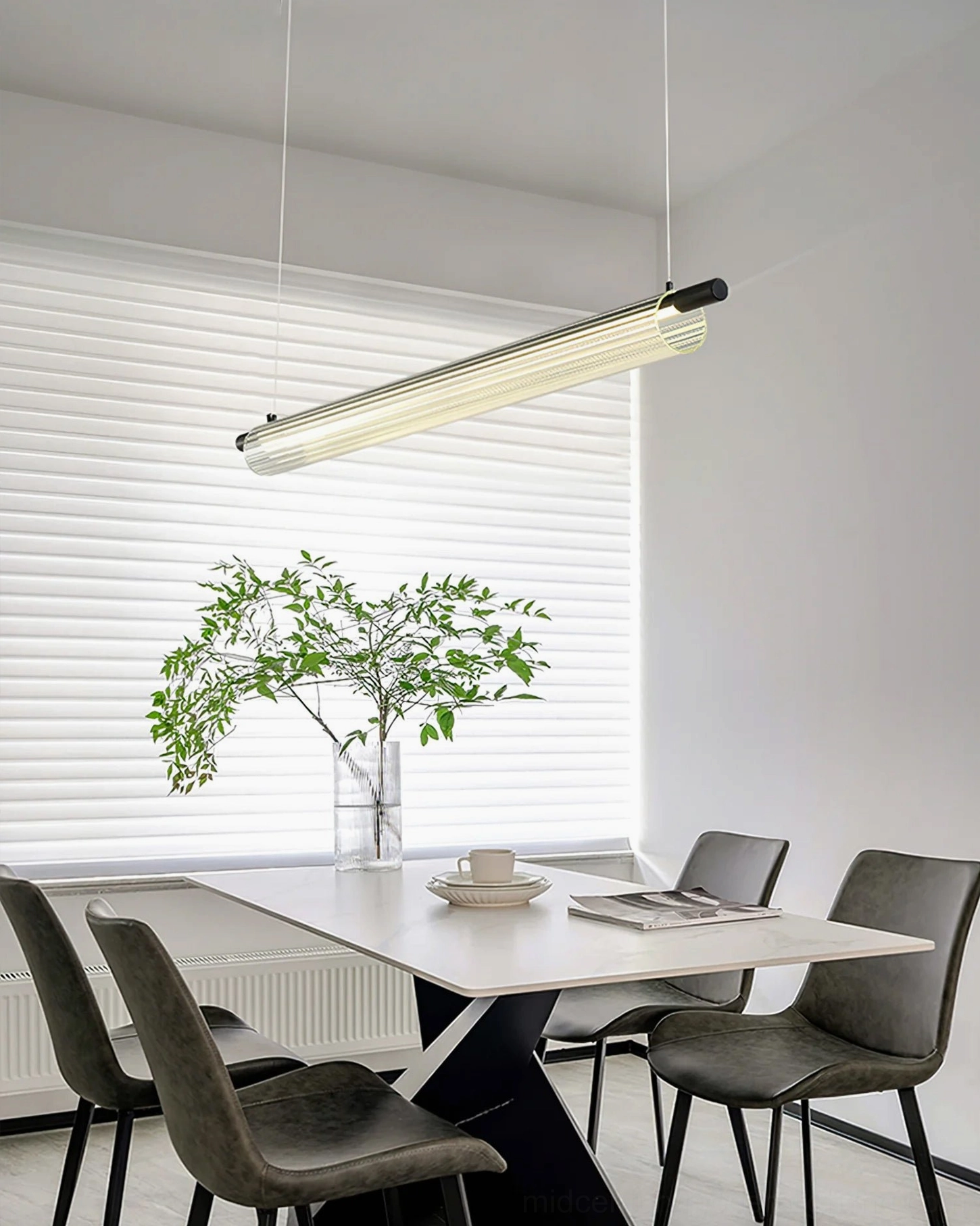 Trisel linear pendant light close-up detail showing ribbed glass diffuser and integrated LED technology