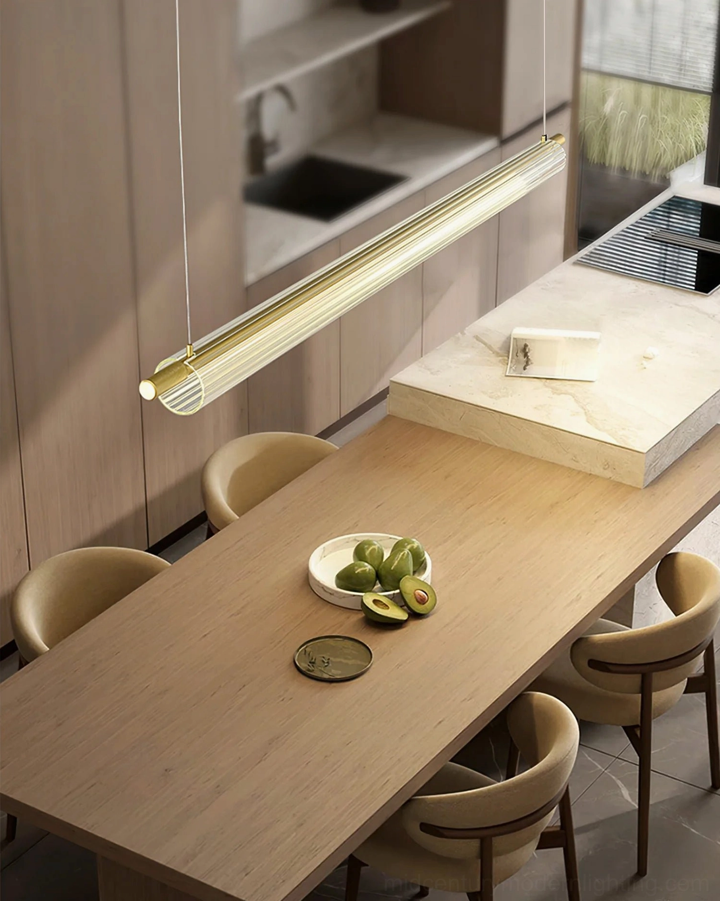 Trisel ribbed glass linear pendant light in warm wooden kitchen dining space, soft modern minimalist lighting