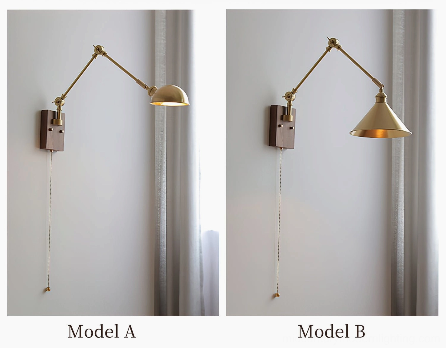 Troy Swing Arm Wall Lamp model A compact brass dome walnut wall mount minimalist vintage