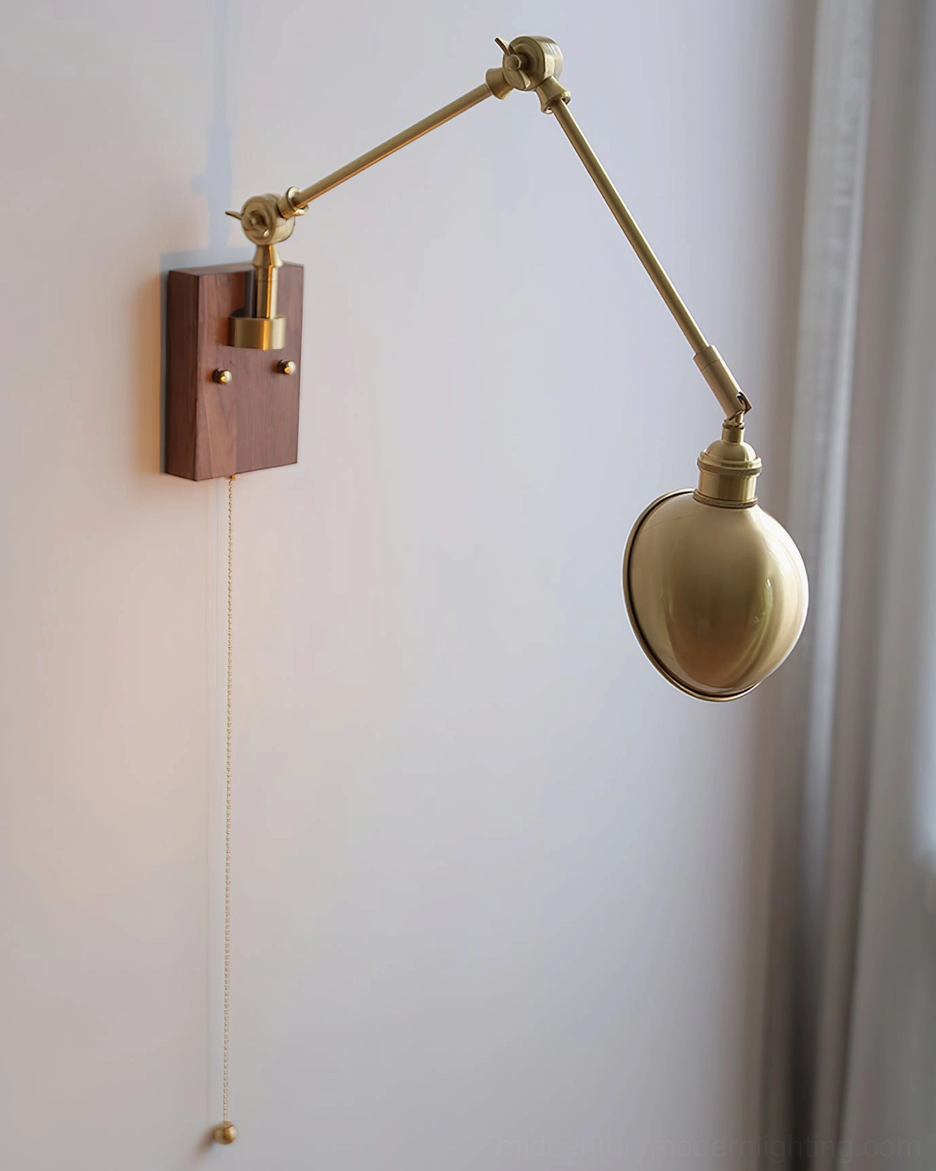 Troy Swing Arm Wall Lamp side view brass dome foldable metal arm pull cord switch detail