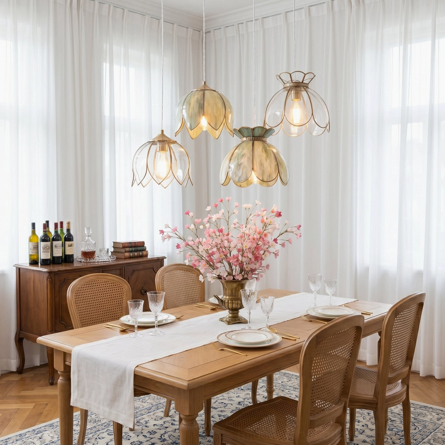 Warm amber-tinted Turrella glass pendant lights in minimalist vintage dining space