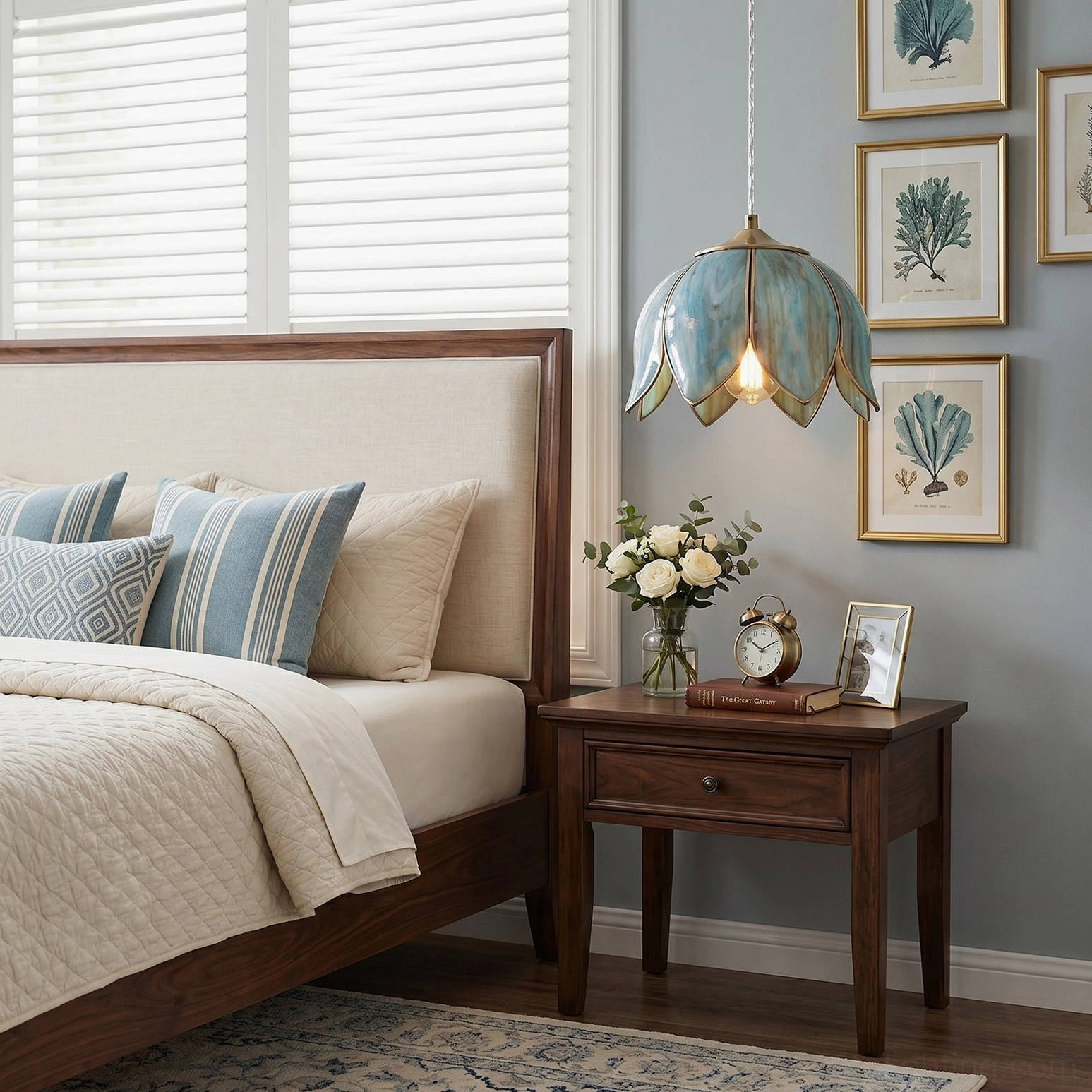 Blue-green Turrella botanical pendant light in cozy farmhouse bedroom with botanical wall art
