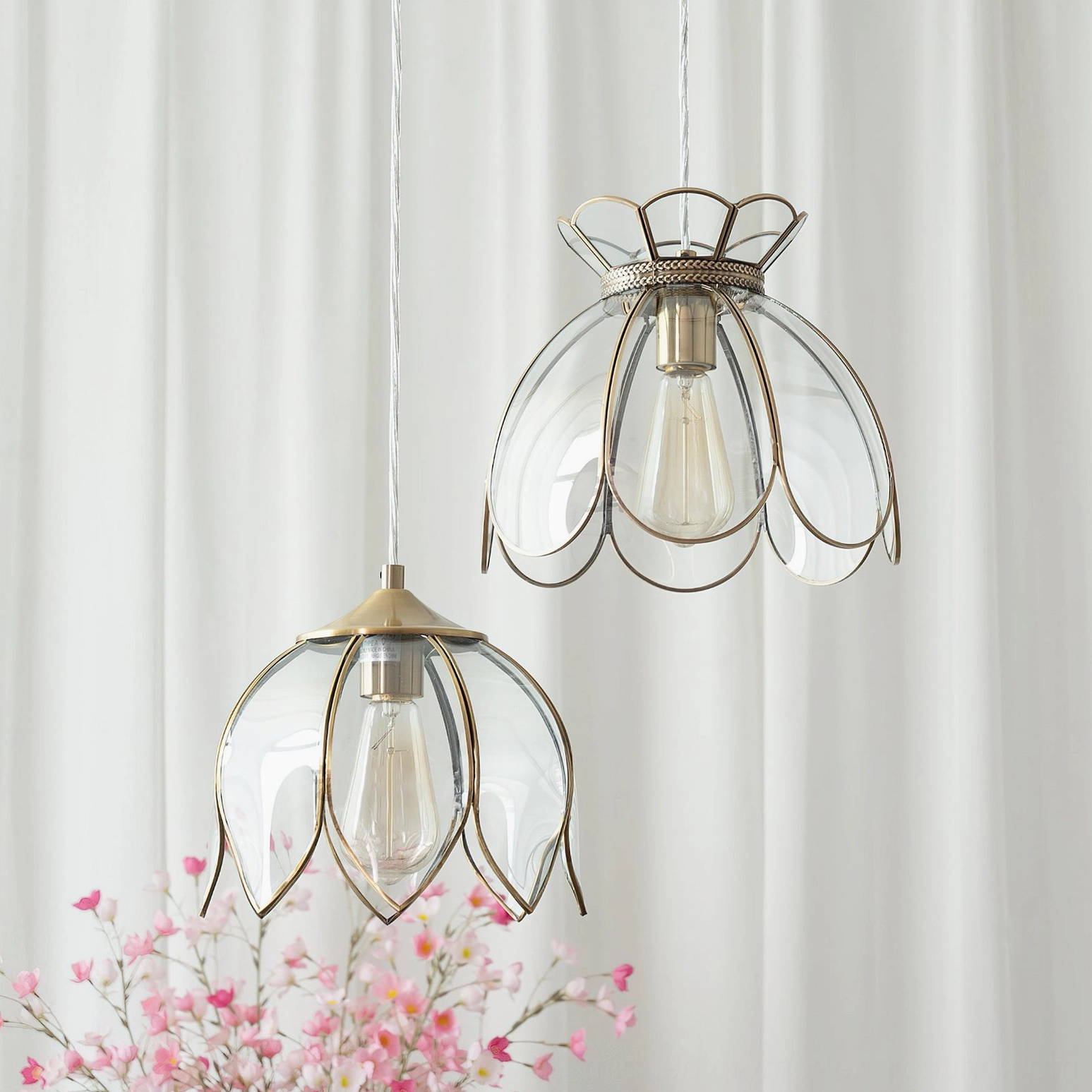 Turrella glass pendant light brass hardware and suspension wire assembly detail