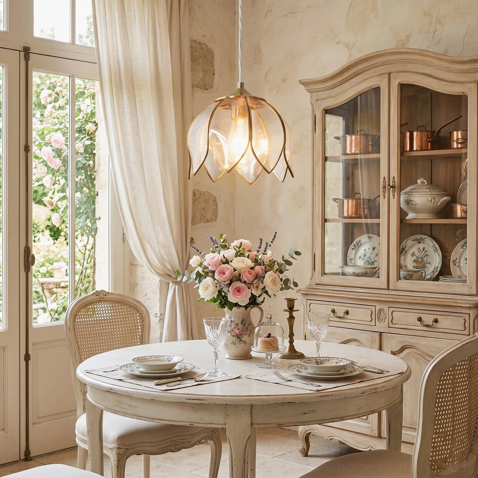 Single Turrella botanical pendant light above dining table in French country style dining nook