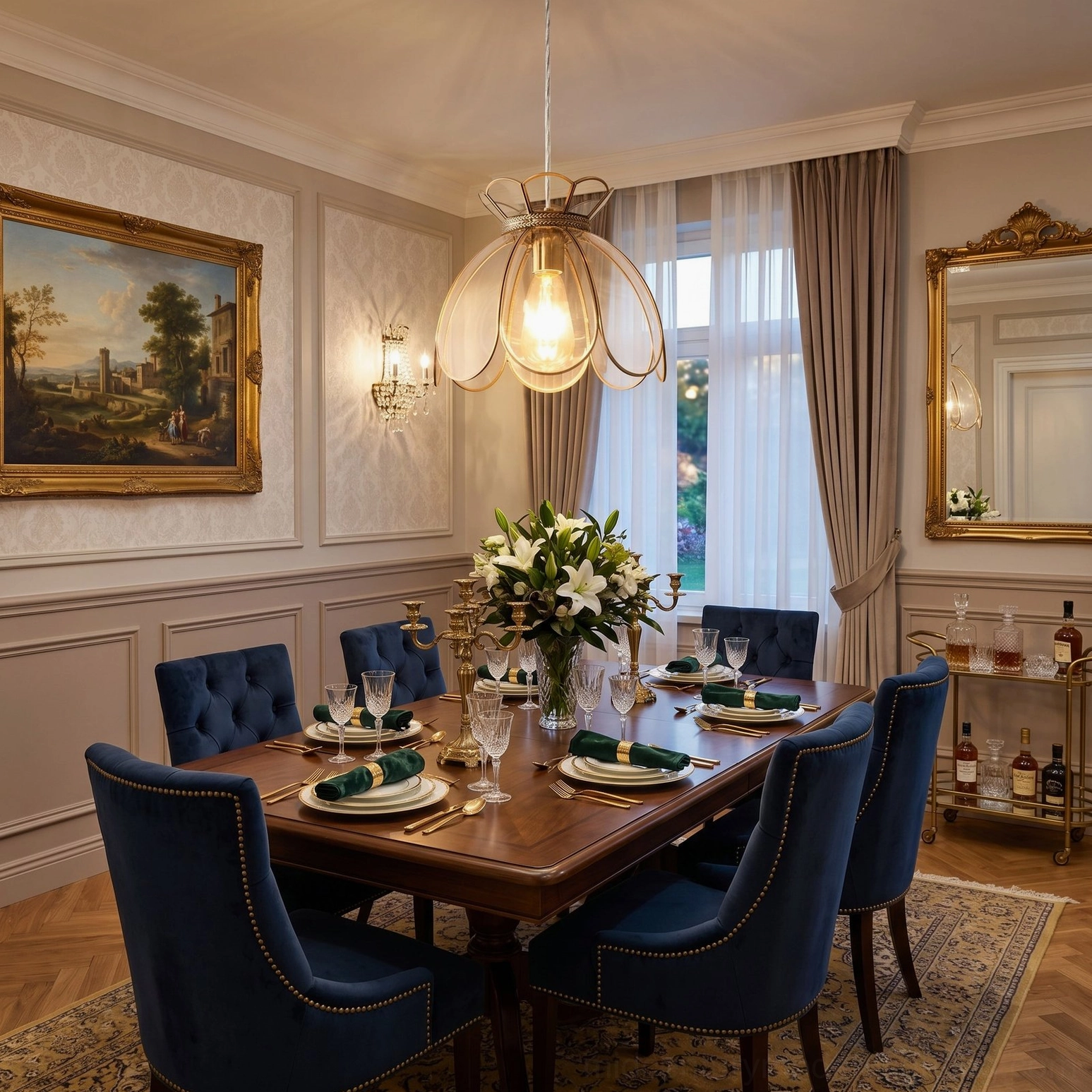 Single Turrella pendant light in luxury traditional dining room with dark velvet chairs and paneled walls