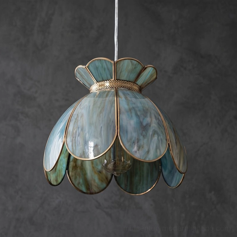 Turrella Model A blue and brass botanical pendant light in mid-century modern style