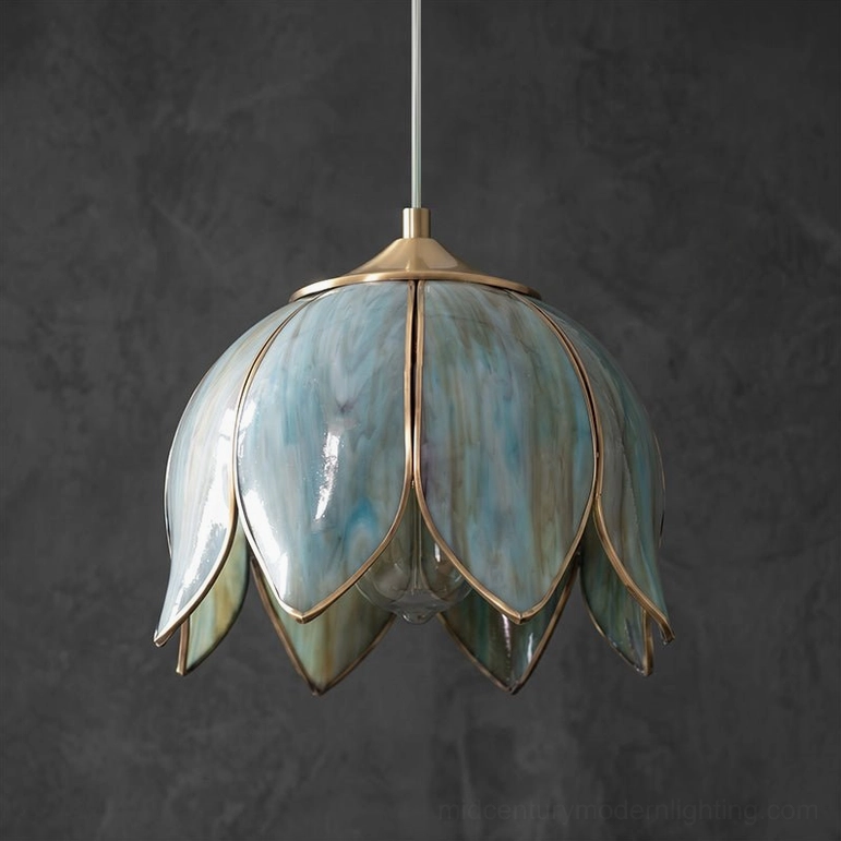 Turrella Model B blue and brass glass pendant light mid-century modern fixture
