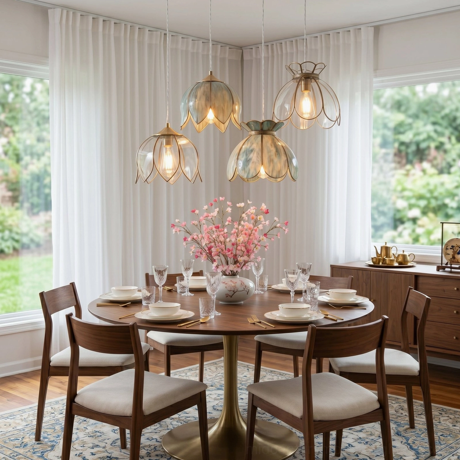 Cluster Turrella pendant lights above dining table in bright casual dining space with natural light