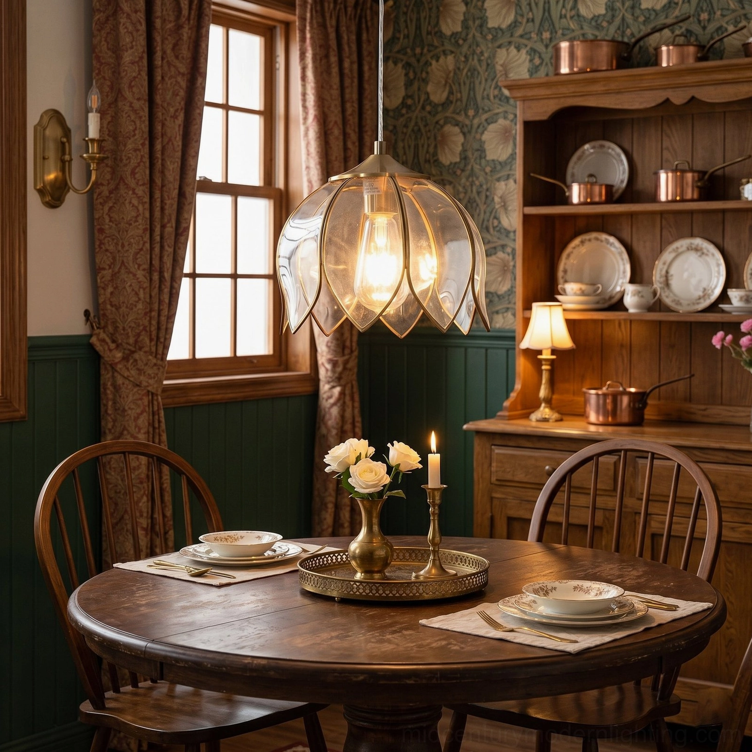 Turrella amber glass pendant light installed in traditional country-style dining room interior