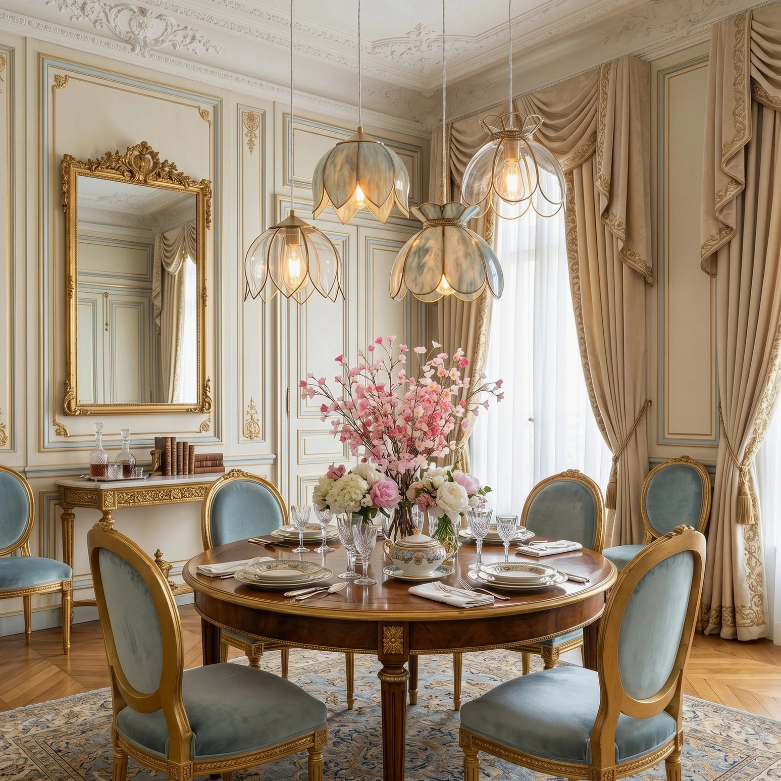 Cluster of Turrella petal pendant lights in formal neoclassical dining room with elegant decor