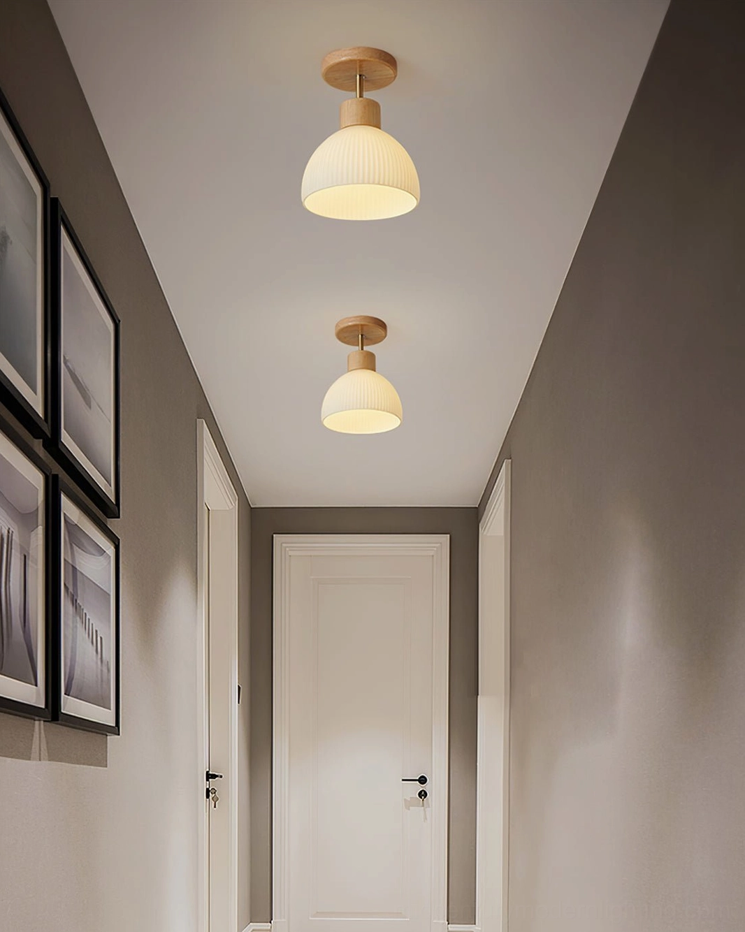 Pair of ribbed semi-flush ceiling lamps in residential corridor, neutral minimalist decor