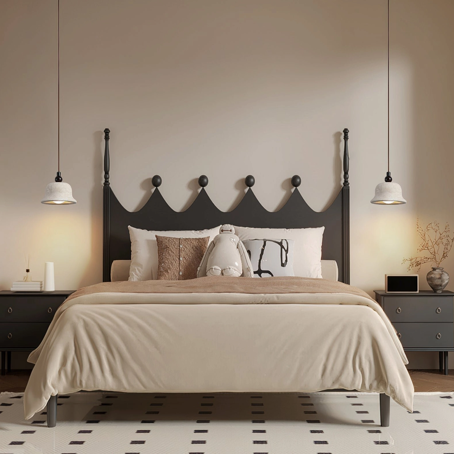 Twin travertine pendant lights above bed in mid-century modern bedroom