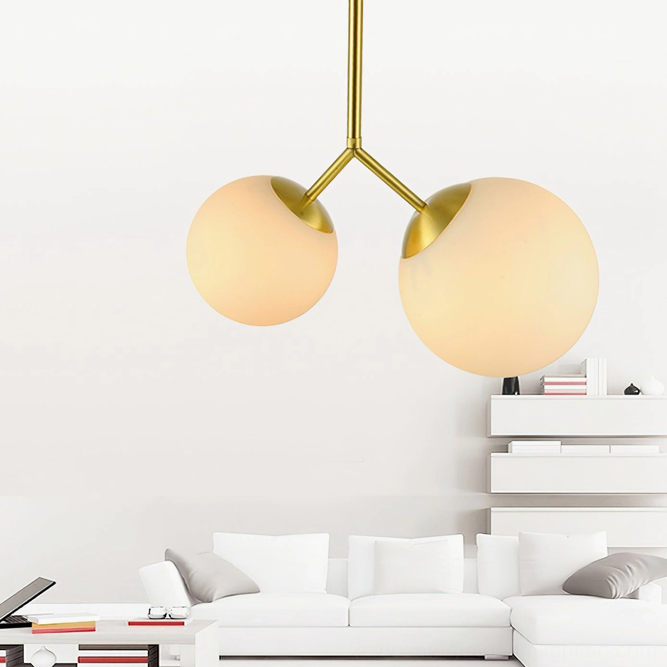 Large Twis brass pendant lamp with polished gold metal frame and warm frosted glass in modern minimalist living room