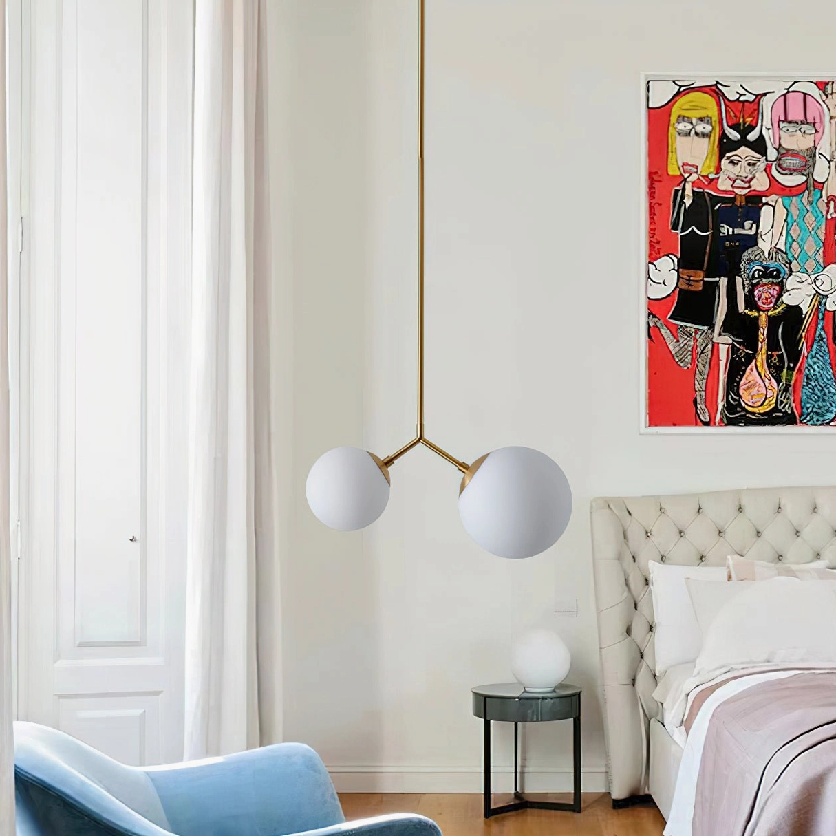 Twis dual-globe pendant lamp with mixed tone glass shades in luxury master bedroom with Nordic minimalist decor