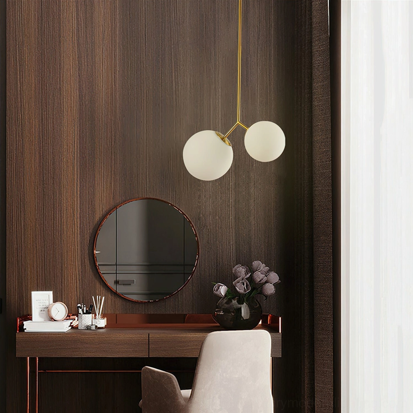 Twis asymmetric pendant lamp detailed view showing dual-globe construction and brass metal framework