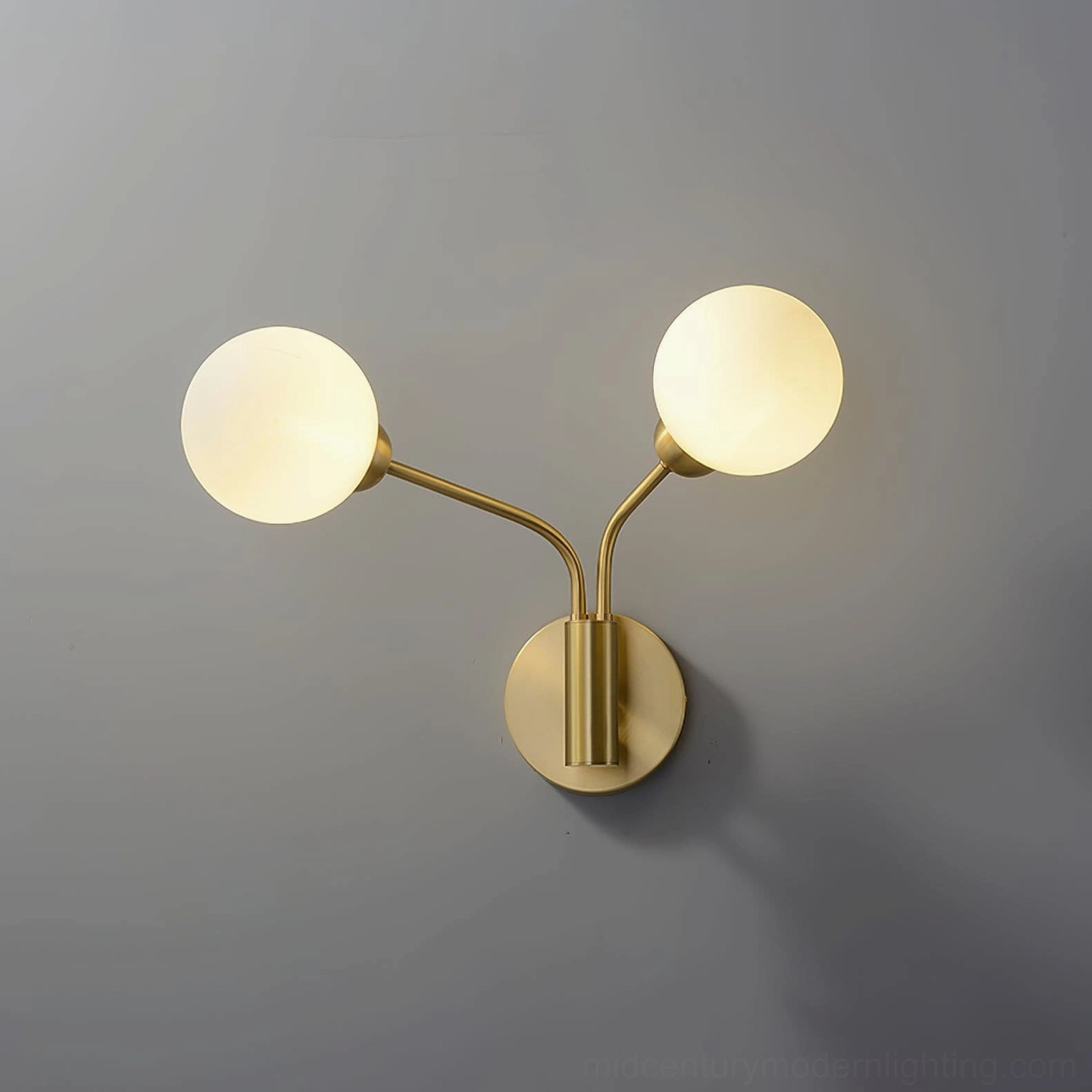 Two-light Chelso wall sconce brass and white frosted glass minimalist design